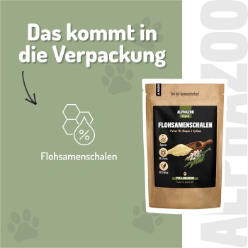 Verpackung von ALPHAZOO Flohsamenschalenpulver für Hunde und Katzen, das Vorteile wie "Indische Rohkost-Qualität" und "Umweltbewusste Verpackung" hervorhebt.