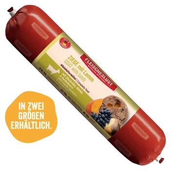 FLEISCHESLUST-Futterbox mit Aufschrift 'NATÜRLICH & ARTGERECHT' und roter Futterrolle mit der Beschriftung 'ZIEGE mit Lamm / GOAT with lamb'.