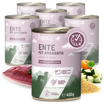 Dosen mit REAVET Haustierfutter mit "Ente mit Amaranth an Zucchini & Aprikose," 400 g jede, mit Zutaten wie Ente, Zucchini und Aprikose.