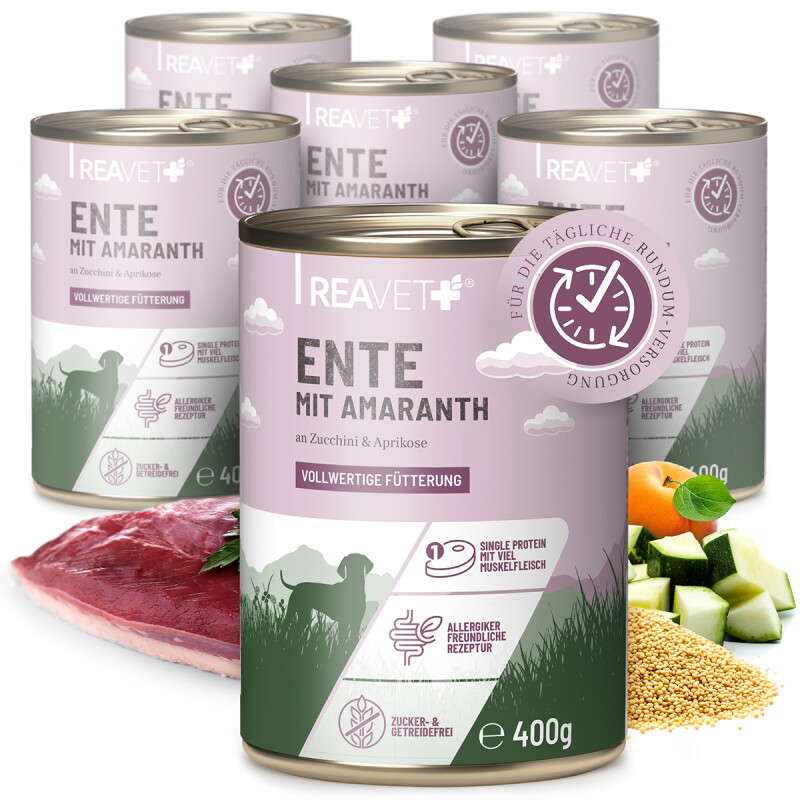 REAVET Hundenassfutter - Ente mit Amaranth an Zucchini & Aprikose 6x400 g