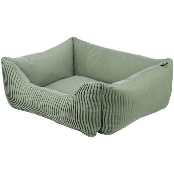 Grünes Haustierbett mit weicher, gerippter Textur und plüschigen Seiten, entworfen für Komfort und Entspannung.