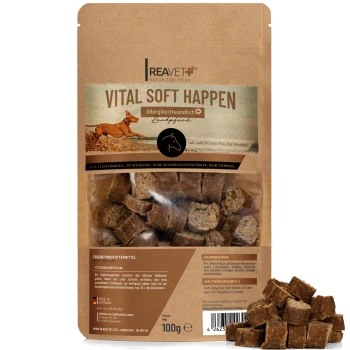 Wiederverschließbare Tüte mit "VITAL SOFT HAPPEN" Hundeleckerlis, mit einem braunen Hund, allergikerfreundlich, 94% Fleisch.