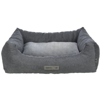Graues Hundebett mit einem weichen, hellgrauen Kissen in der Mitte, mit einem Etikett, das 'homeEdition' liest.