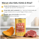 Bild der Zutaten für Haustierfutter mit 52% feinem Kalbfleisch, einem Stück Kürbis und glutenfreiem Hirse, mit Text, der die Zutaten hervorhebt.