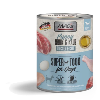 Dosen-Hundefutter mit der Aufschrift 'MAC's Puppy Huhn & Kalb', das Huhn und Kalb enthält, mit Bildern von Fleisch, einem Ei und einem Öltropfen.