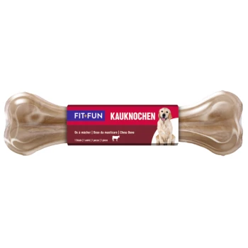 Dog chew bone with a label reading "FIT+FUN KAUKNOCHEN," featuring a golden retriever image and multilingual text about the product.