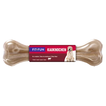 Hundekauartikel mit einem Etikett, das "FIT+FUN KAUKNOCHEN" liest, mit einem Bild eines Golden Retrievers und mehrsprachigem Text über das Produkt.