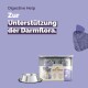 Verpackung des Almo Nature Digestive Help Haustierfutters mit dem Gesicht einer Katze und einer silbernen Schüssel; deutscher Text lautet "Zur Unterstützung der Darmflora."