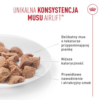 Biały talerz z brązowymi kawałkami musu dla zwierząt z polskim tekstem „UNIKALNA KONSYSTENCJA MUSU AIRLIFT” i informacjami o korzyściach.