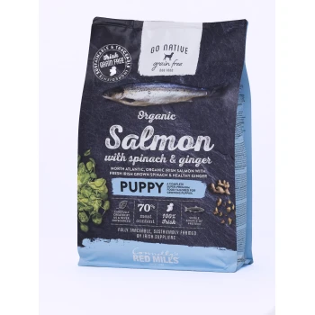 Organic salmon dog food bag featuring "Go Native" branding, with spinach and ginger, labeled for puppies, 70% meat content, 100% Irish.