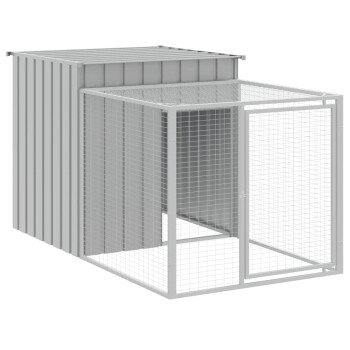 Graues Metall-Hundekennel mit einem Dach und Drahtgitterseiten, das eine Tür an der Vorderseite für einfachen Zugang hat.
