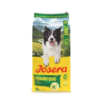 Josera Hypoallergenic Hundefuttersack mit lächelndem schwarz-weißem Hund; zeigt 'Adult', 'All Sizes' und 'Grain Free'