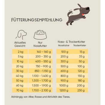 Fütterungsempfehlungen für Hunde, die die Futtermenge basierend auf dem Gewicht detailliert, mit einer verspielten Hundillustration und deutschem Text.