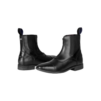 Schwarze Lederreitstiefel mit elastischen Seitenpaneelen und einer spitzen Zehe, von vorne und von der Seite gezeigt.