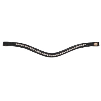 Schwarzes Lederhalsband für Hunde, verziert mit funkelnden Strasssteinen, mit einem wellenförmigen Design und einem kleinen Logoanhänger an einem Ende.