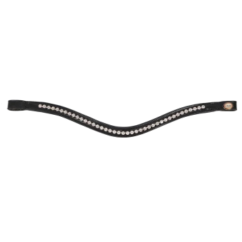 Schwarzes Lederhalsband für Hunde, verziert mit funkelnden Strasssteinen, mit einem wellenförmigen Design und einem kleinen Logoanhänger an einem Ende.