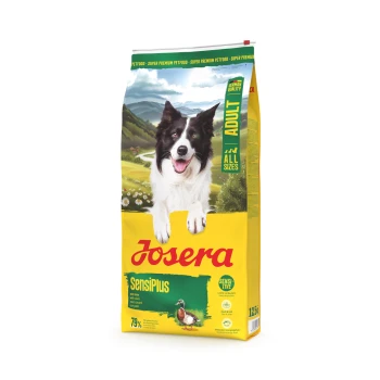 Josera SensiPlus Hundefutterbeutel für erwachsene Hunde mit einem schwarz-weißen Hund, Entenbild und Text „Deutsche Qualität“, „Alle Größen“ und „12,5 kg“.