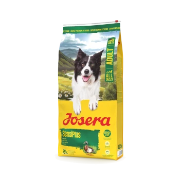 Josera SensiPlus Hundefutterbeutel für erwachsene Hunde mit einem schwarz-weißen Hund, Entenbild und Text „Deutsche Qualität“, „Alle Größen“ und „12,5 kg“.