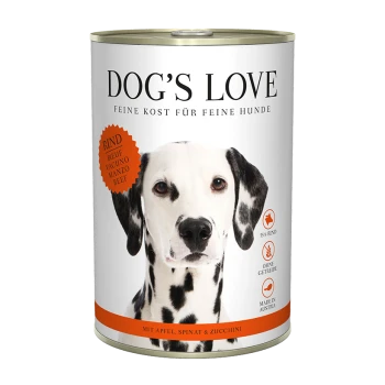 Dose "Dog's Love" Rindfleisch-Hundefutter mit Apfel, Spinat und Zucchini. Deutscher Text lautet "Feines Futter für feine Hunde."