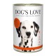 Dose "Dog's Love" Rindfleisch-Hundefutter mit Apfel, Spinat und Zucchini. Deutscher Text lautet "Feines Futter für feine Hunde."