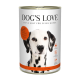 Dose "Dog's Love" Rindfleisch-Hundefutter mit Apfel, Spinat und Zucchini. Deutscher Text lautet "Feines Futter für feine Hunde."