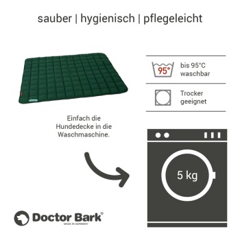 Ein schwarzes, gestepptes Hundebett mit Text, der seine hygienischen, pflegeleichten Eigenschaften hervorhebt, maschinenwaschbar bis 95 °C und trocknergeeignet.