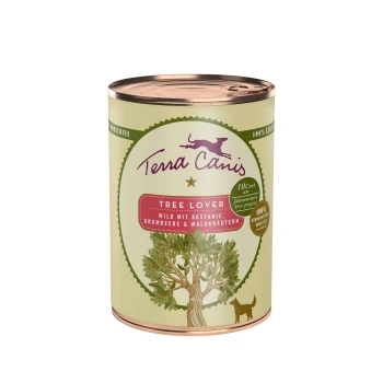 Tree Lover Wild mit Kastanie, Brombeere & Waldkräutern 6x400g Eine Dose Terra Canis Hundefutter mit der Aufschrift "Tree Lover," die Wildspiel, Kastanien, Brombeeren und Kräuter mit einer Baumgrafik zeigt.