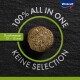 Eine runde Haustierfutterpellet auf einem dunklen Hintergrund, beschriftet mit "100% ALL IN ONE" und "KEINE SELECTION," mit einer Größenangabe von "Durchmesser 12 – 15 mm."