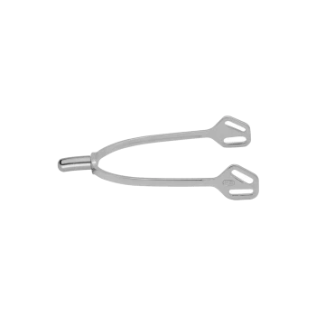Silberne Metall-Pferdesportsporen mit abgerundetem Ende und zwei Schlitzen auf jeder Seite, vor einem weißen Hintergrund dargestellt.