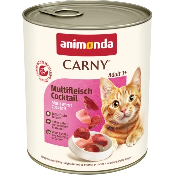 Carny Nassfutter Katze Adult Multifleisch Cocktail 12x800 g Dose Animonda Carny Adult 1+ Katzenfutter, Multi Meat Cocktail Geschmack, mit Bild einer orangefarbenen getigerten Katze und Fleischstücken.