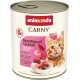 Dose Animonda Carny Adult 1+ Katzenfutter, Multi Meat Cocktail Geschmack, mit Bild einer orangefarbenen getigerten Katze und Fleischstücken.