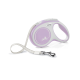 A purple retractable dog leash with a white handle and a silver clip, featuring a design of a dog silhouette, labeled "flexi."