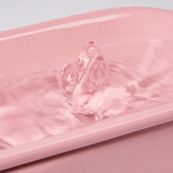 Nahaufnahme einer rosa Trinkbrunnen-Schale für Haustiere mit zentralem klarem Wasserspritzer.