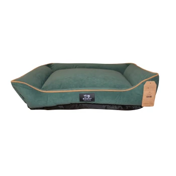 Green pet bed with a plush cushion and raised edges, featuring a black label that reads "Beddies® Made in Ireland."