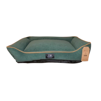 Green pet bed with a plush cushion and raised edges, featuring a black label that reads "Beddies® Made in Ireland."