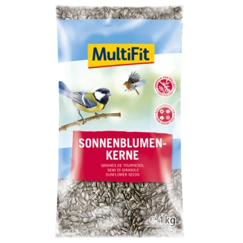 Un sac de 1 kg de graines de tournesol MultiFit, présentant un mésange charbonnière et le texte "SONNENBLUMEN-KERNE."