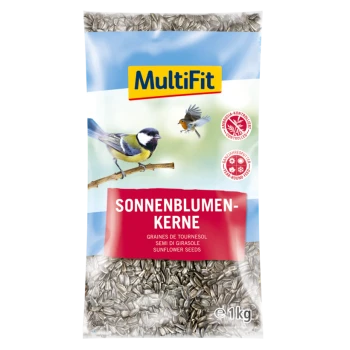 Un sac de 1 kg de graines de tournesol MultiFit, présentant un mésange charbonnière et le texte "SONNENBLUMEN-KERNE."