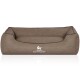 Braunes Hundebett mit erhöhten Seiten und glatter Textur, mit dem Logo "KNUFFELWUFF" auf der Vorderseite.
