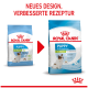 Zwei Royal Canin Puppy X-Small Hundefutterbeutel (altes und neues Design) mit rotem Pfeil und Text 'NEUES DESIGN'.