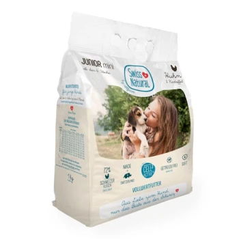 Eine Tüte Swiss Natural Junior Mini Hundefutter, mit einem Bild von einem Hund und einer Person, mit Text, der 72% Fleischgehalt und "vollwertfutter" hervorhebt.