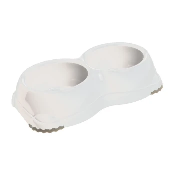 White double pet food and water bowl with a non-slip base, designed for dogs or cats.