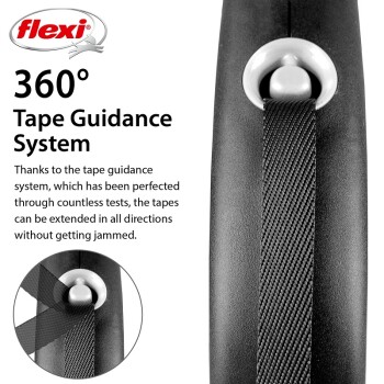 Image of a Flexi pet leash featuring a 360° tape guidance system, highlighting its ability to extend in all directions without jamming.