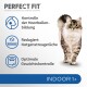 Een fluffy kat op een witte achtergrond met "PERFECTE PASVORM" erboven en voordelen vermeld, plus een blauwe banner met "INDOOR 1+."
