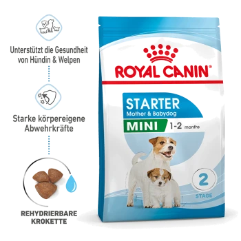 Royal Canin Starter Mini Hundefutterbeutel für Mütter und Welpen, der zwei Hunde zeigt und Gesundheitsunterstützung sowie Immunabwehr betont.