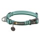 Ein türkis- und grün gestreifter Hundehalsband von Ruffwear, mit einer Kunststoffschnalle, einem Metall-D-Ring und einem Anhänger mit einem Durchgestrichen-Symbol.