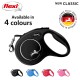 Black flexi retractable dog leash with a silver logo, labeled "NEW CLASSIC," and available in four colors: black, blue, red, and pink.
