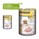 Deux boîtes de nourriture pour chiens "Premiere Meati Sensitive" avec un golden retriever et du poulet cru, présentant le texte "Nouveau DESIGN, même QUALITÉ".