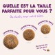 Trois tailles de croquettes montrées avec l'en-tête français «Quelle est la taille parfaite pour vous ?» et étiquettes de taille 18 mm, 14 mm, 10 mm