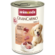 Dose Animonda GranCarno Junior <1 Nassfutter für Hunde, Aufschrift 'Rind + Huhn', zeigt Fleischstücke und einen Welpen.