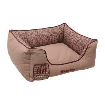 Liegeplatz eckig Casual Living S Braunes Haustierbett mit einem Krokodil-Muster auf der Innenseite, ausgestattet mit dem "Happy House"-Logo und dem Text "Cozy Living" an der Seite.
